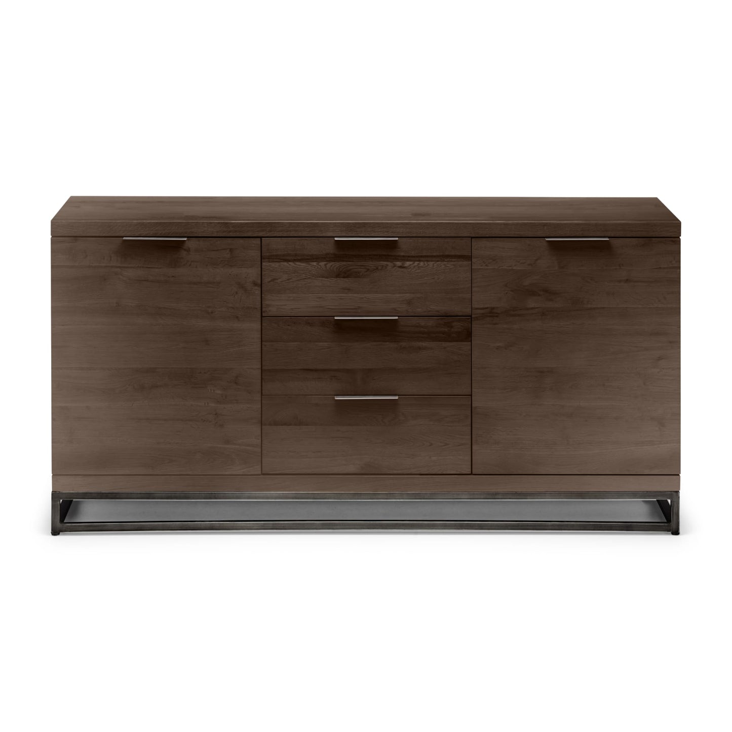 Studio shot of the Brooklyn dark oak large sideboard with doors open displaying spacious interior compartments