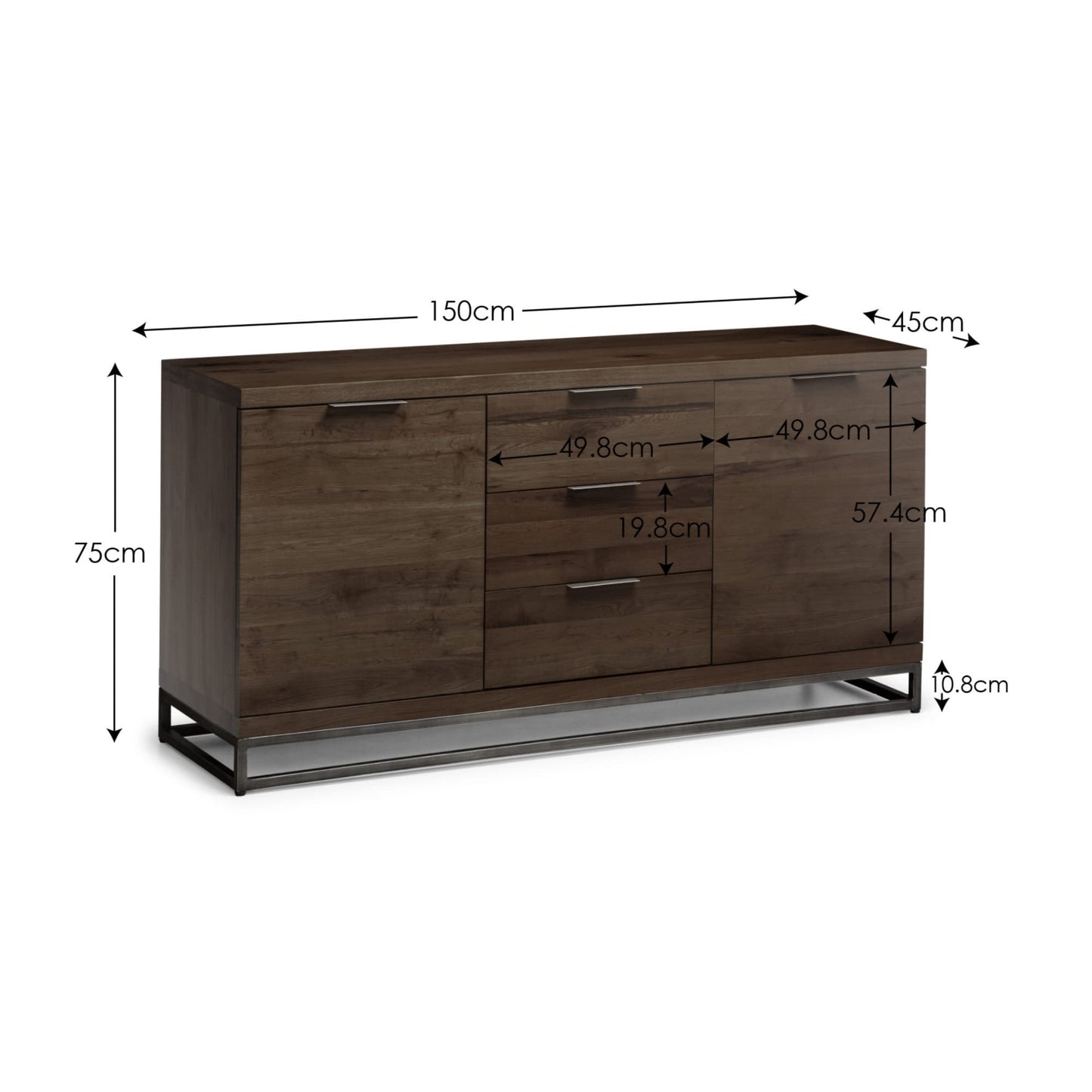 Technical dimension diagram showing width, depth, and height measurements for the Brooklyn dark oak sideboard