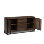 Close-up detail of the three extended storage drawers on the Brooklyn dark oak large sideboard