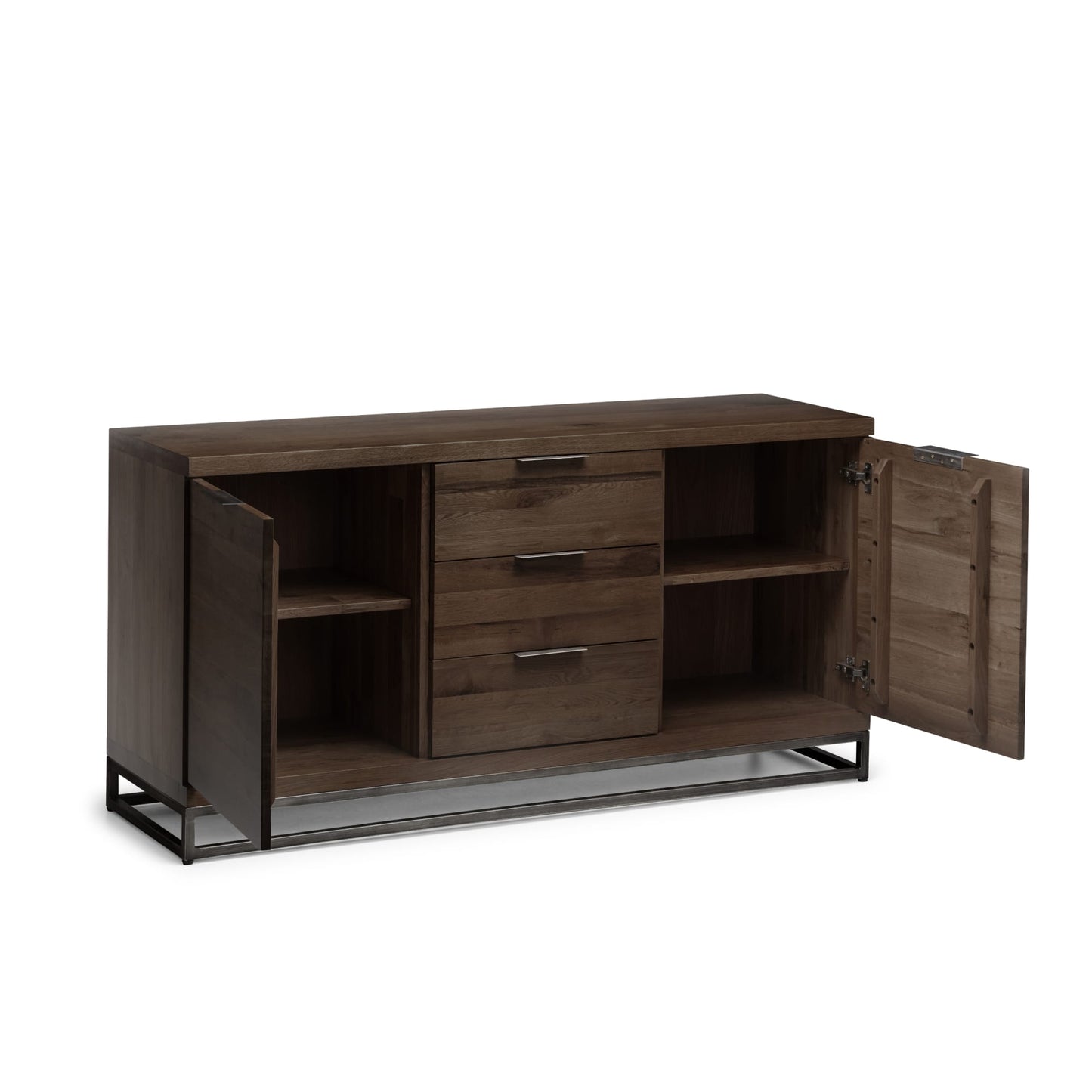 Close-up detail of the three extended storage drawers on the Brooklyn dark oak large sideboard
