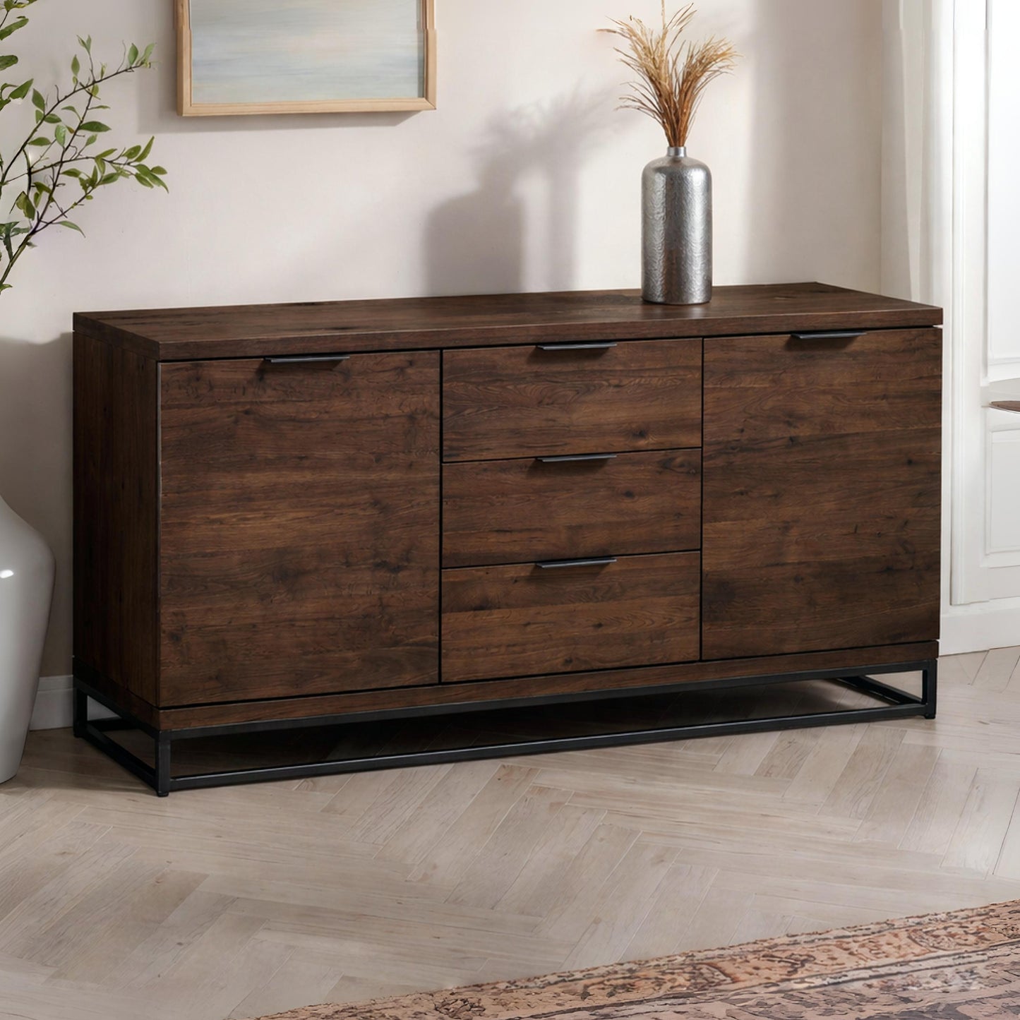 Brooklyn dark oak large sideboard with industrial metal base styled in a contemporary dining area