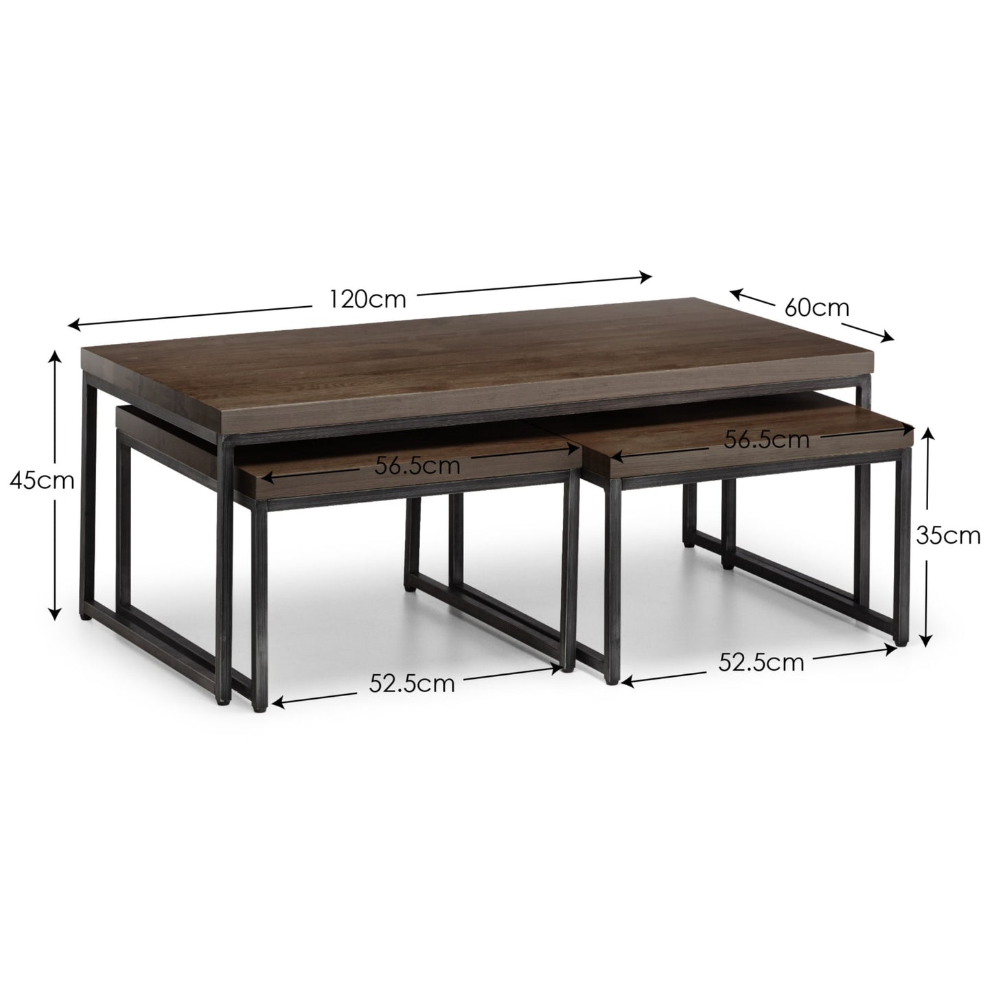 Technical dimension diagram for the Brooklyn dark oak nesting coffee table set