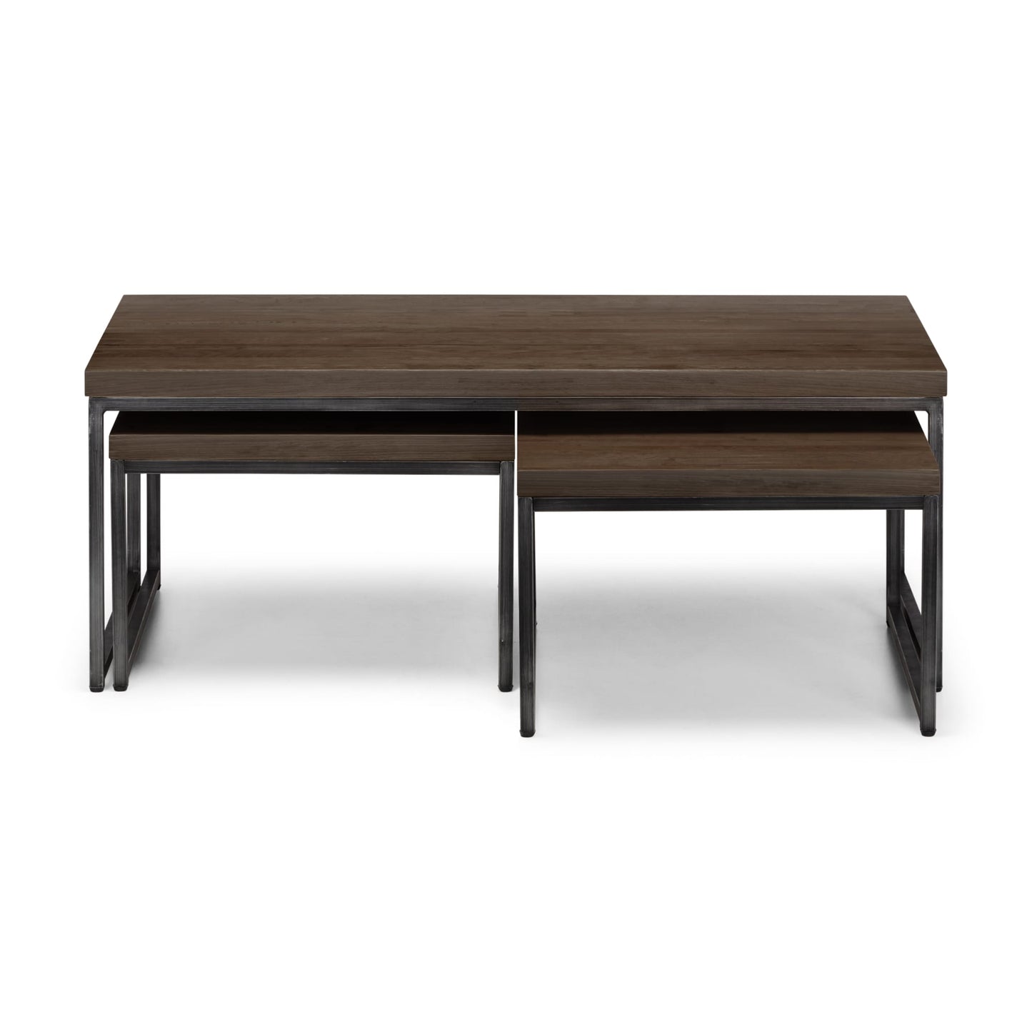 Front view of the dark oak finish Brooklyn nesting coffee table set