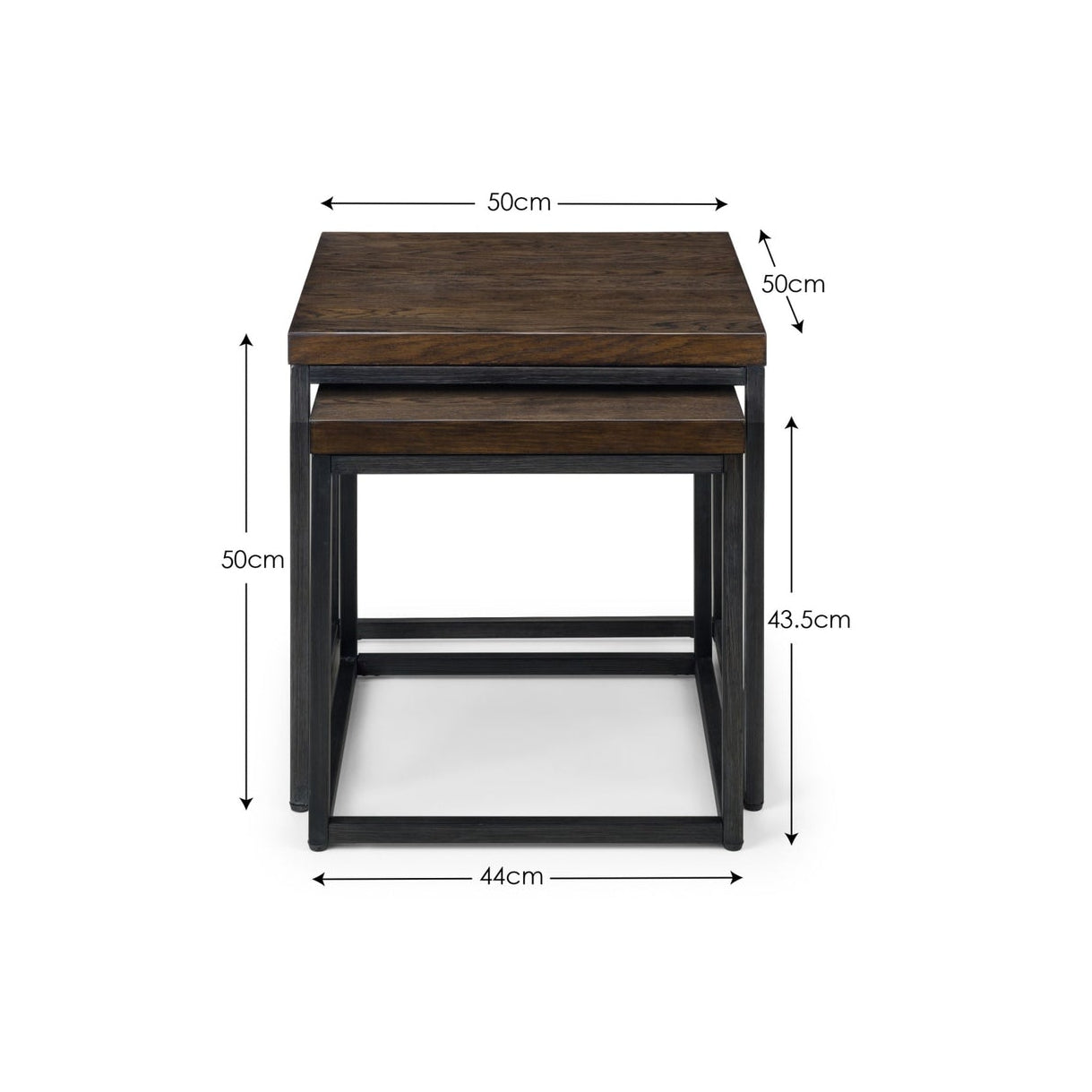 Technical dimension diagram highlighting measurements for the dark oak finish Brooklyn nesting lamp tables