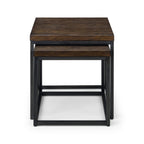 Front view of the dark oak finish Brooklyn nesting lamp table set with black metal frames