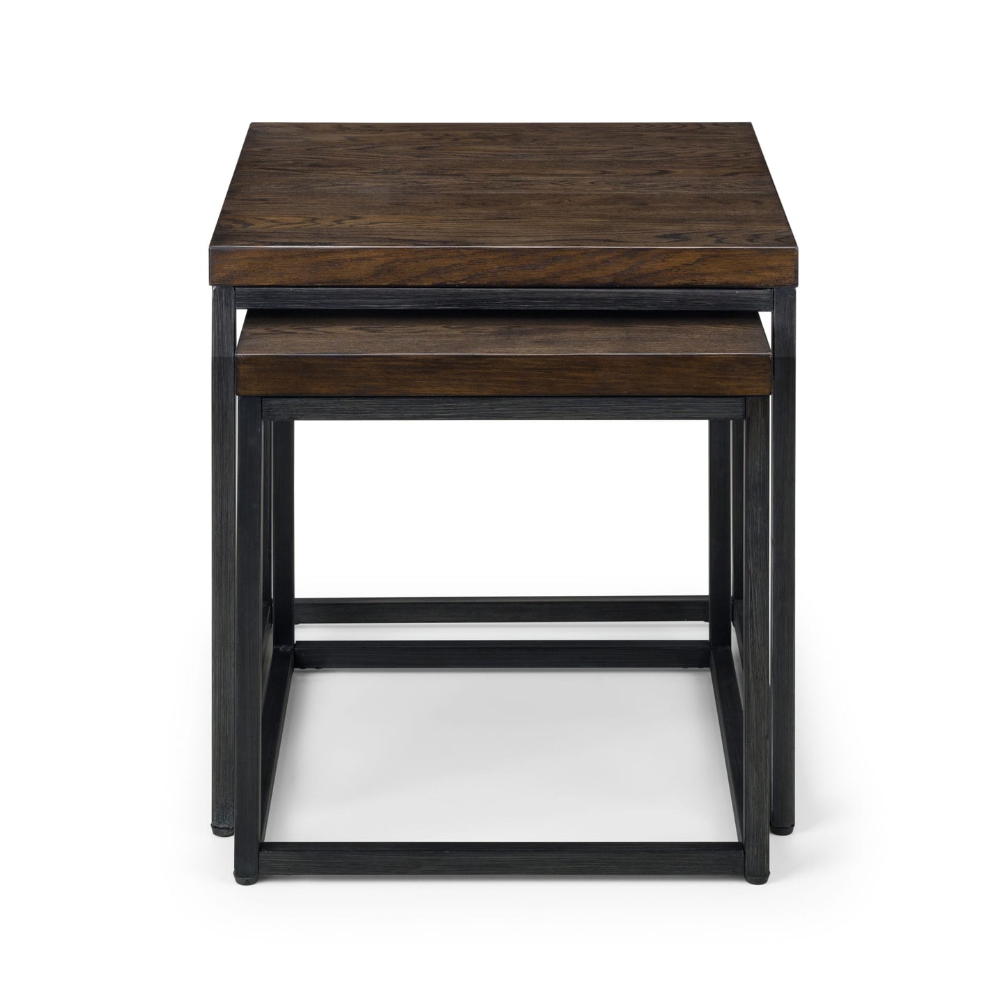 Front view of the dark oak finish Brooklyn nesting lamp table set with black metal frames