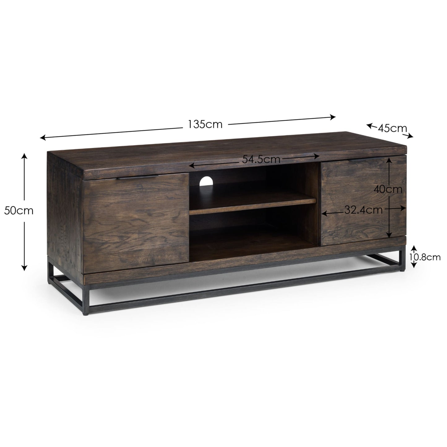 Technical dimension diagram displaying height, width, and depth measurements for the Brooklyn dark oak TV unit