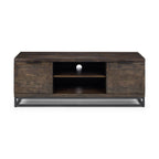 Front view of the Brooklyn dark oak TV unit with open shelves and side storage cupboards