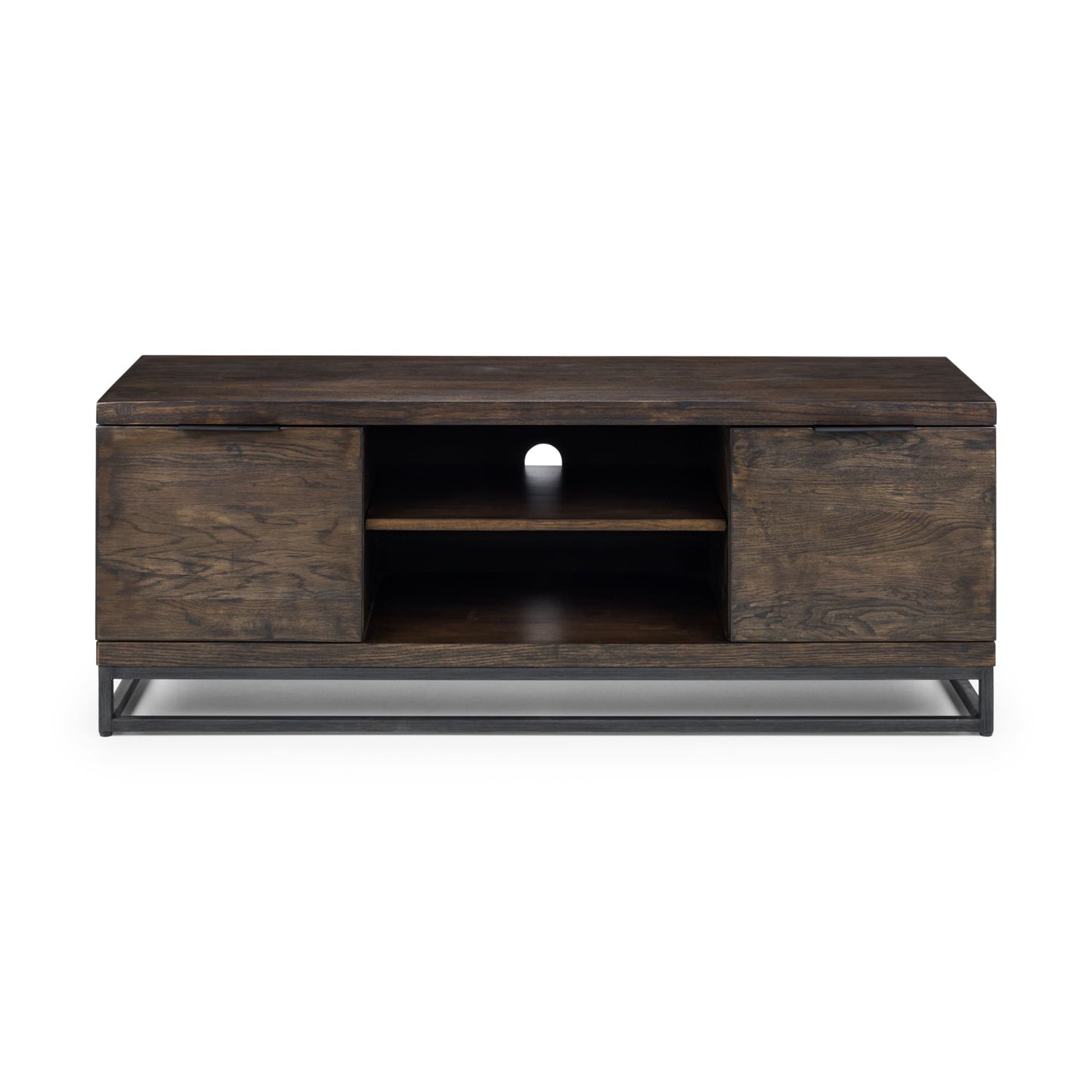 Front view of the Brooklyn dark oak TV unit with open shelves and side storage cupboards
