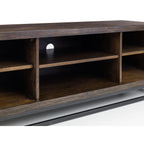 Close-up detail of the central open shelves and cable management hole on the Brooklyn dark oak TV unit