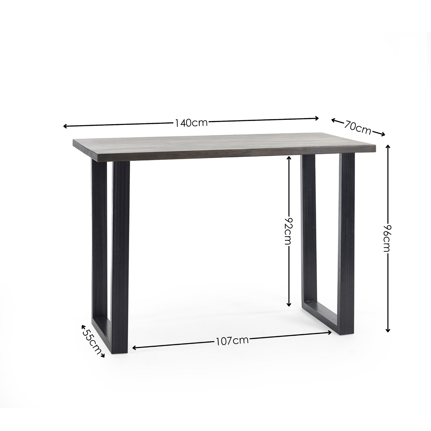 Dimension overview diagram showing height, length, and width measurements for the dark oak bar table.