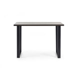 Studio front view of the dark oak Brooklyn bar table with black metal base.