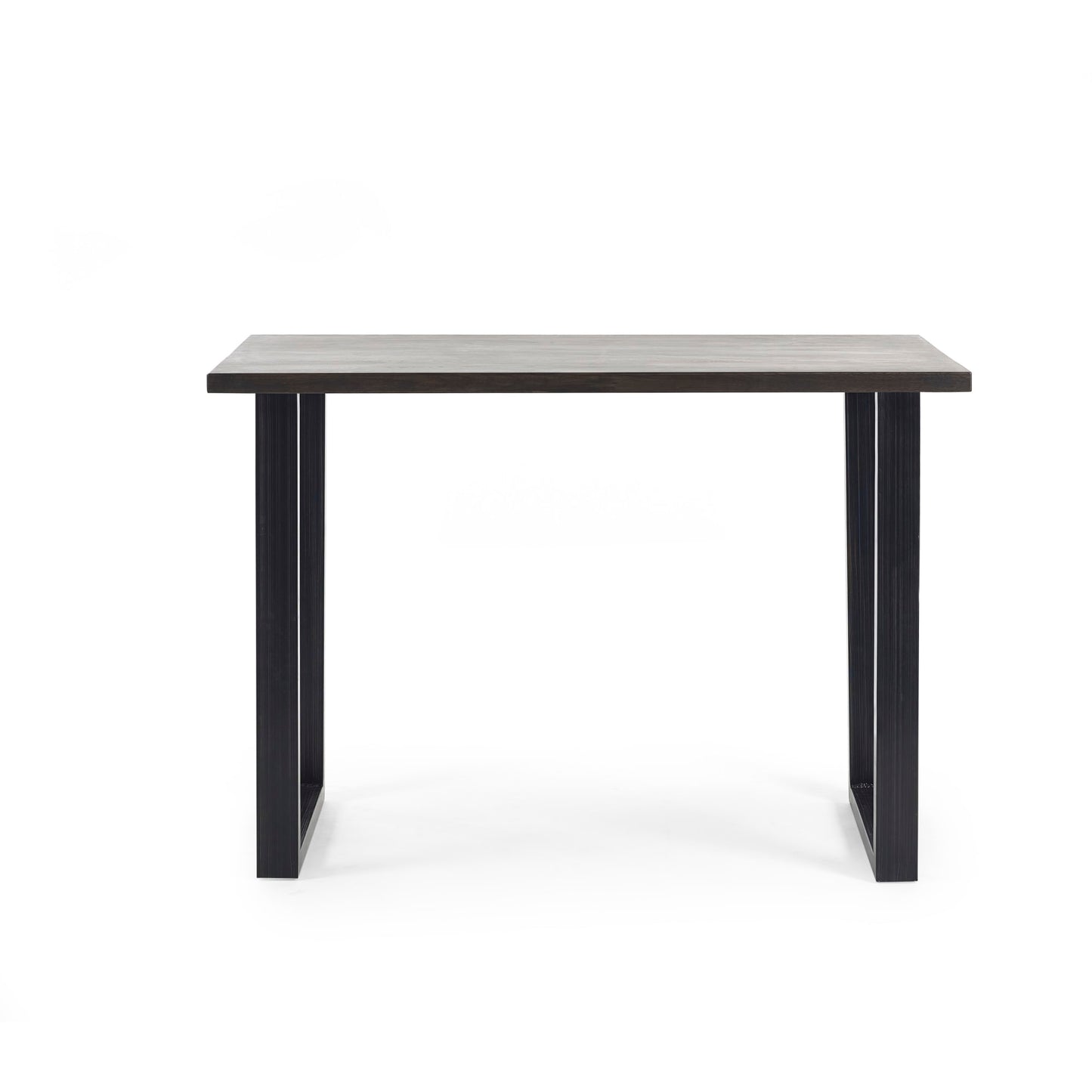 Studio front view of the dark oak Brooklyn bar table with black metal base.