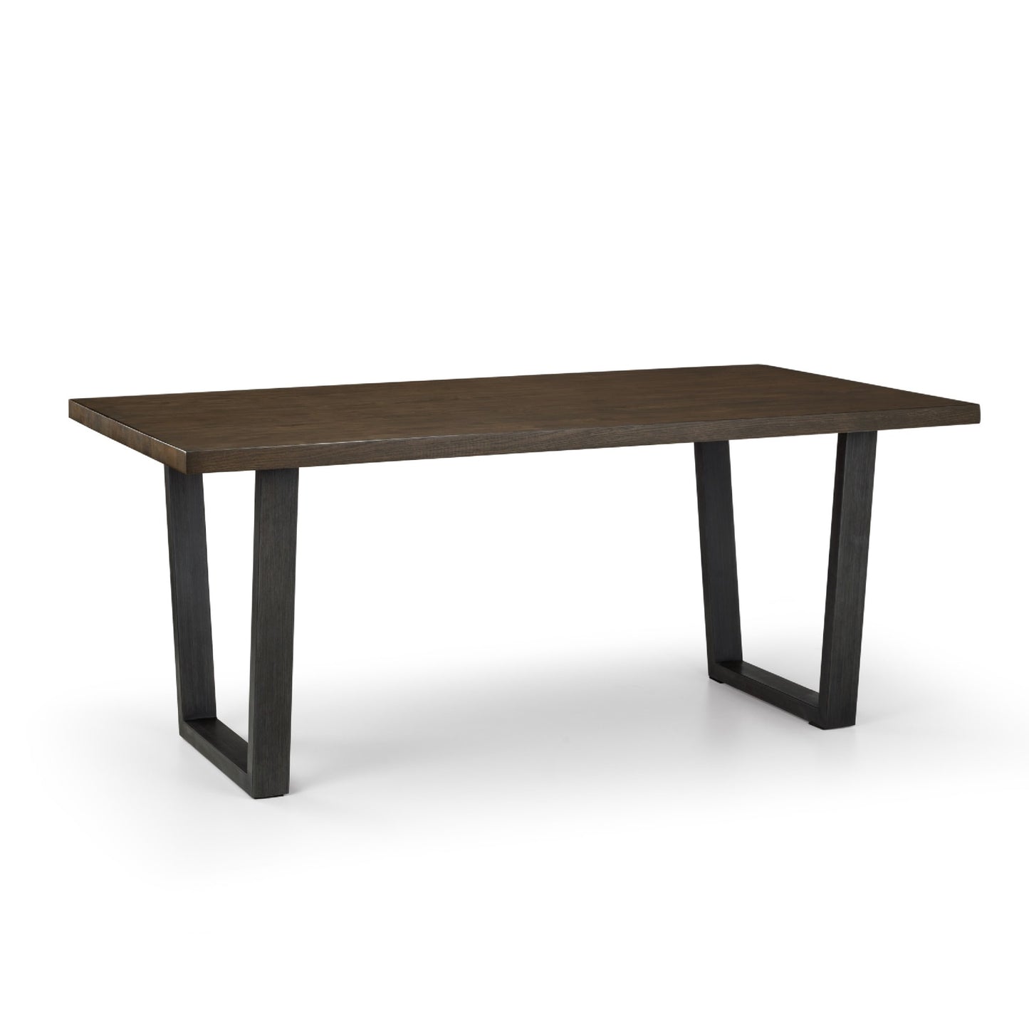 Studio view showing the dark oak tabletop finish and industrial black metal leg base.