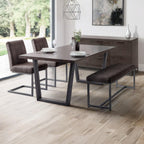 Brooklyn dark oak dining table styled in a contemporary dining room with matching bench and chairs.