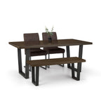 Studio view of the dark oak Brooklyn dining table paired with dining chairs and a matching dining bench.