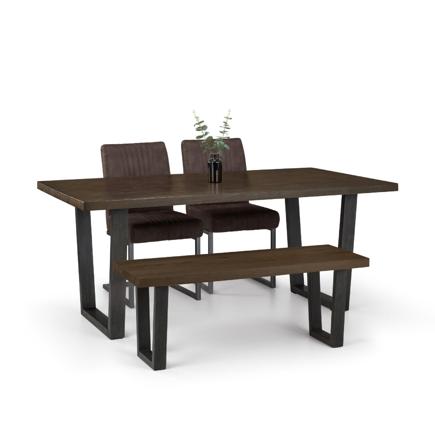 Studio view of the dark oak Brooklyn dining table paired with dining chairs and a matching dining bench.