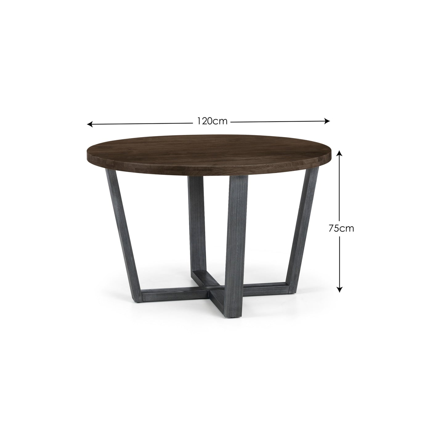 Dimension overview diagram showing diameter and height measurements for the dark oak round dining table.