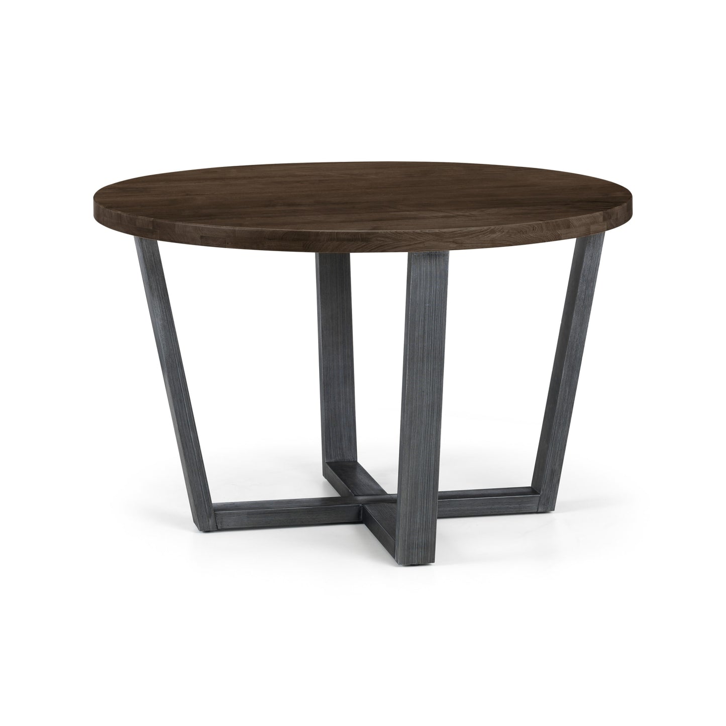 Studio view of the Brooklyn round dining table in a rich dark oak finish.