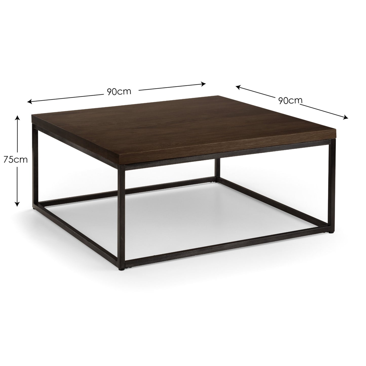 Dimension overview diagram showing length, width, and height measurements for the dark oak square coffee table.
