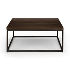Studio front view of the Brooklyn square coffee table in a rich dark oak finish.
