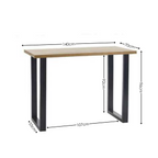Dimension overview diagram showing length, width, and height measurements of the natural oak bar table.