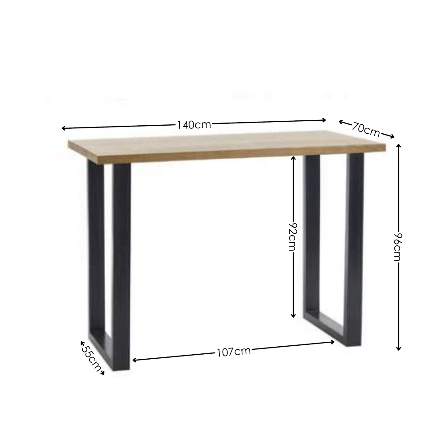 Dimension overview diagram showing length, width, and height measurements of the natural oak bar table.