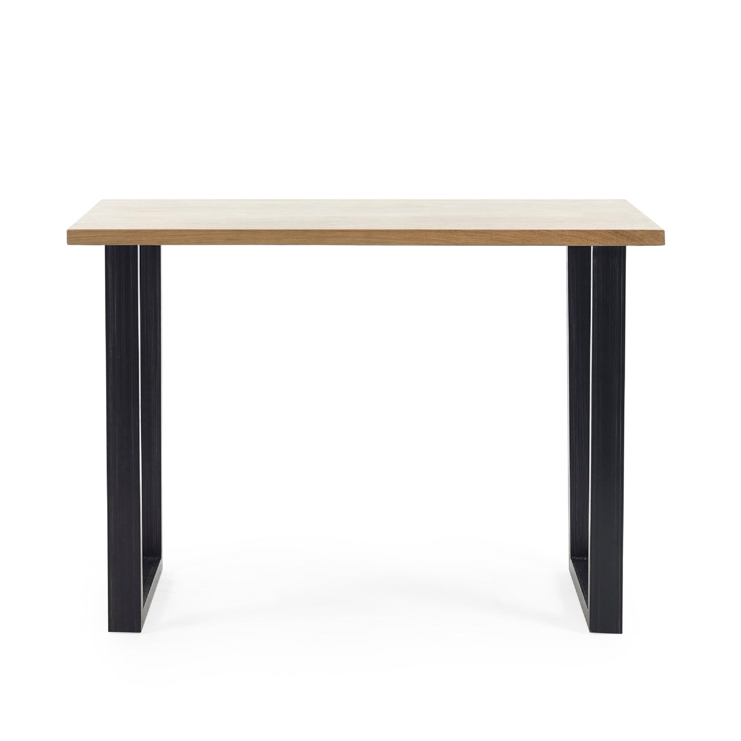 Studio front view of the natural oak Brooklyn bar table with black powder-coated legs.