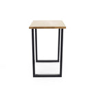 Studio side view showing the profile and metal U-shaped leg base of the natural oak bar table.