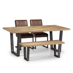 Studio view of the Brooklyn oak dining table paired with two chairs and a matching dining bench.