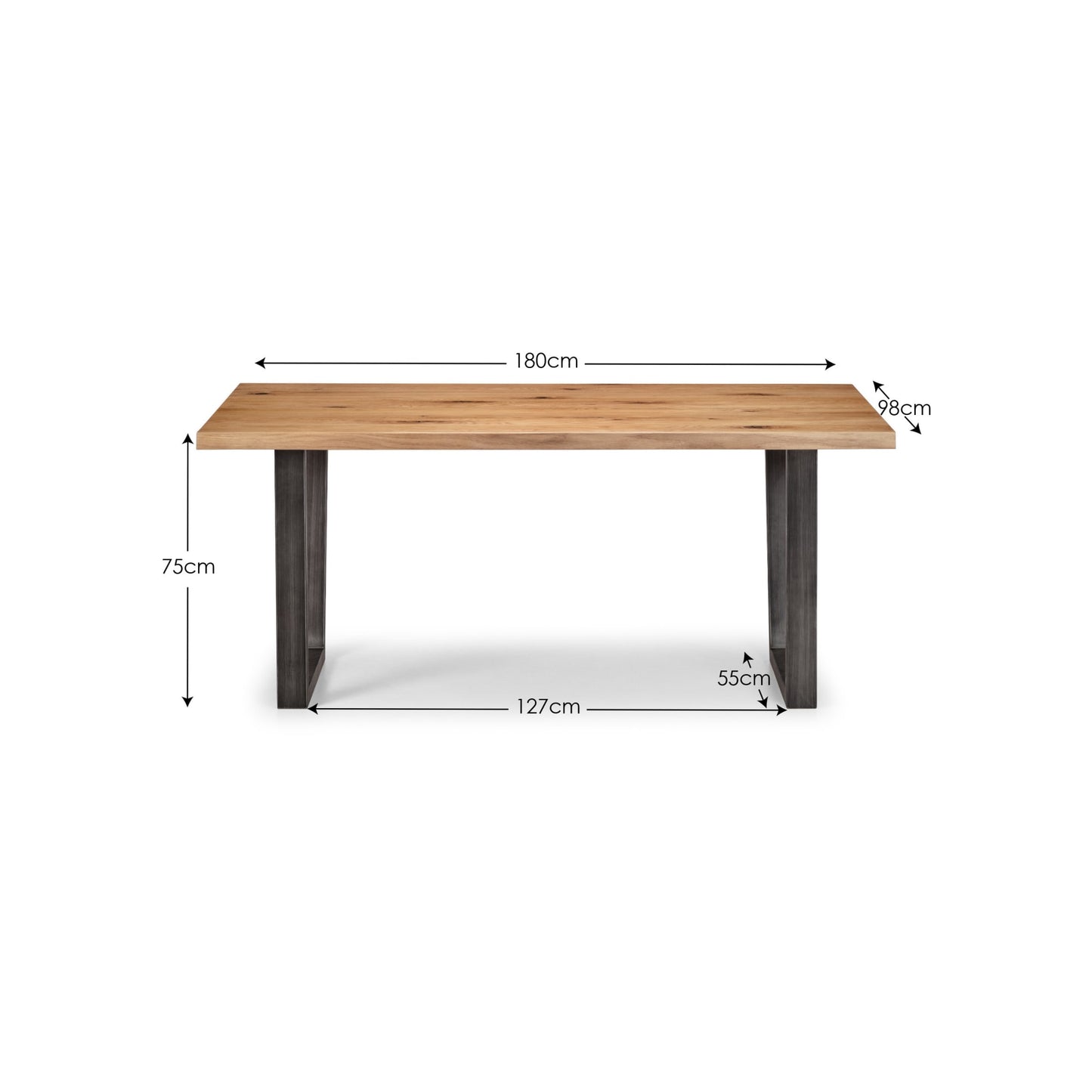 Dimension overview diagram showing length, width, and height of the Brooklyn oak dining table.