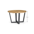 Dimension overview diagram showing diameter and height measurements of the Brooklyn round oak dining table.