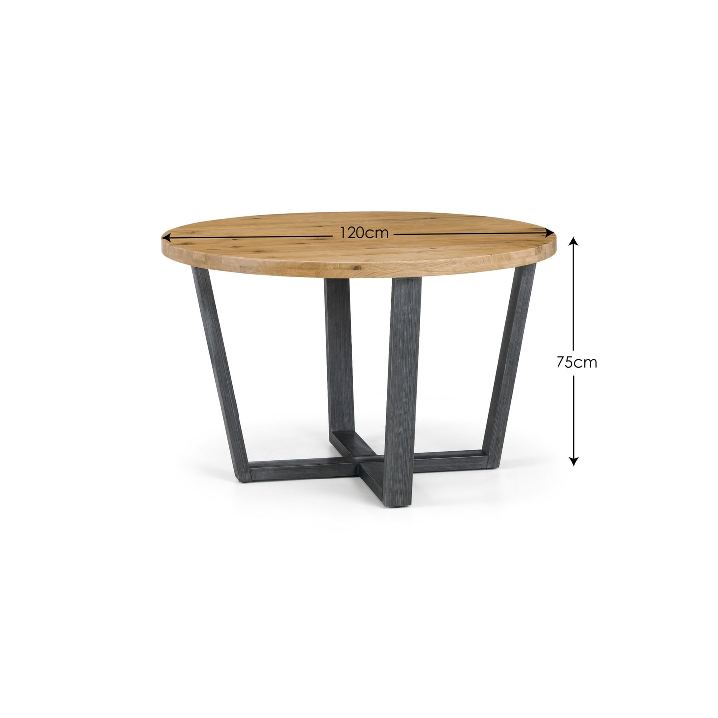 Dimension overview diagram showing diameter and height measurements of the Brooklyn round oak dining table.