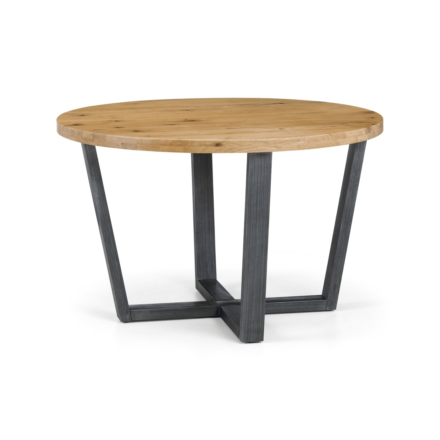 Studio view of the Brooklyn round dining table with natural oak top and black powder-coated legs.