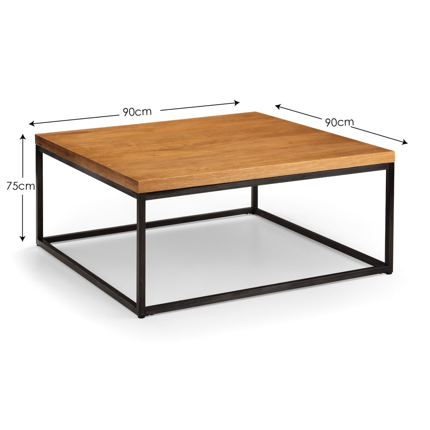 Dimension overview diagram showing length, width, and height of the natural oak square coffee table.