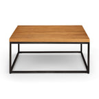 Studio front view of the Brooklyn square coffee table in natural oak with black metal frame.