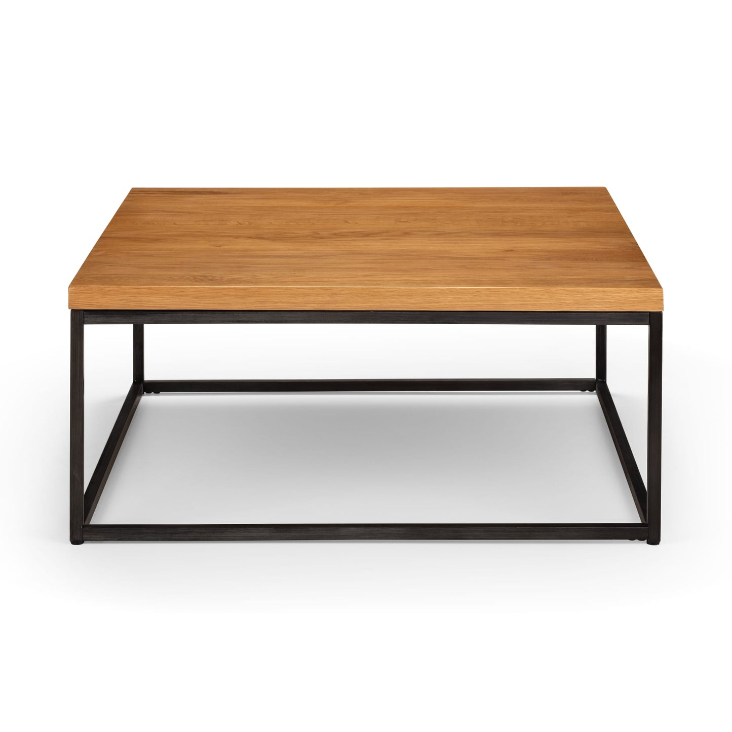 Studio front view of the Brooklyn square coffee table in natural oak with black metal frame.