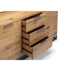Close-up studio view of the Brooklyn oak large sideboard showing the three central drawers pulled open