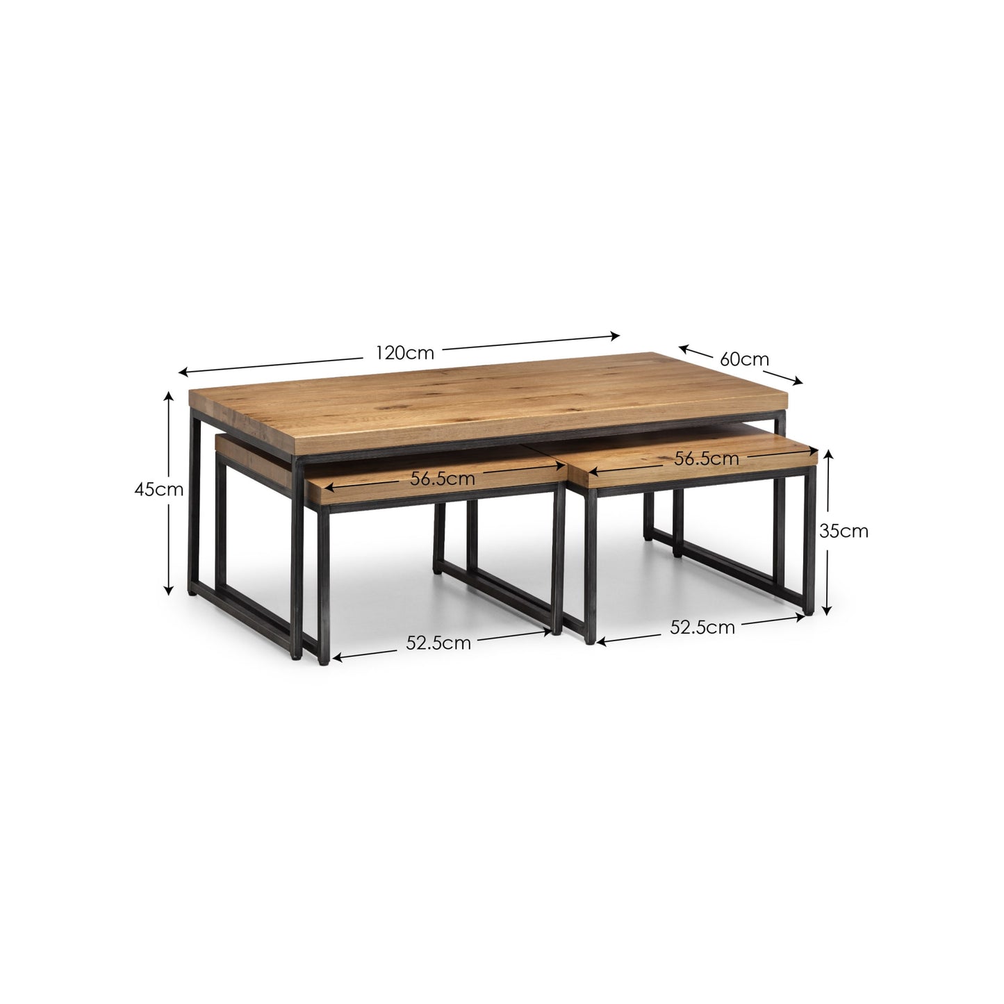 Technical dimension diagram showing width, depth, and height for the Brooklyn oak nesting coffee table