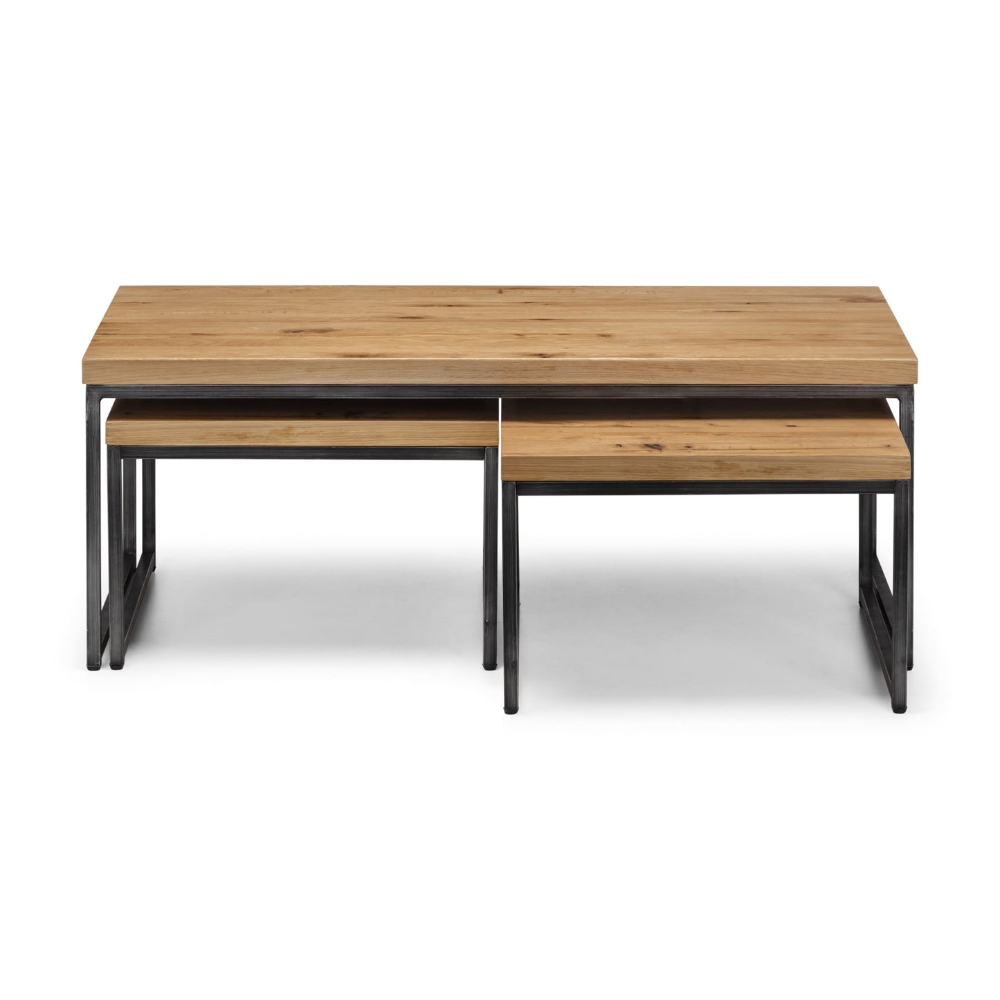 Front view of the Brooklyn oak nesting coffee table showing the pulled-out secondary table
