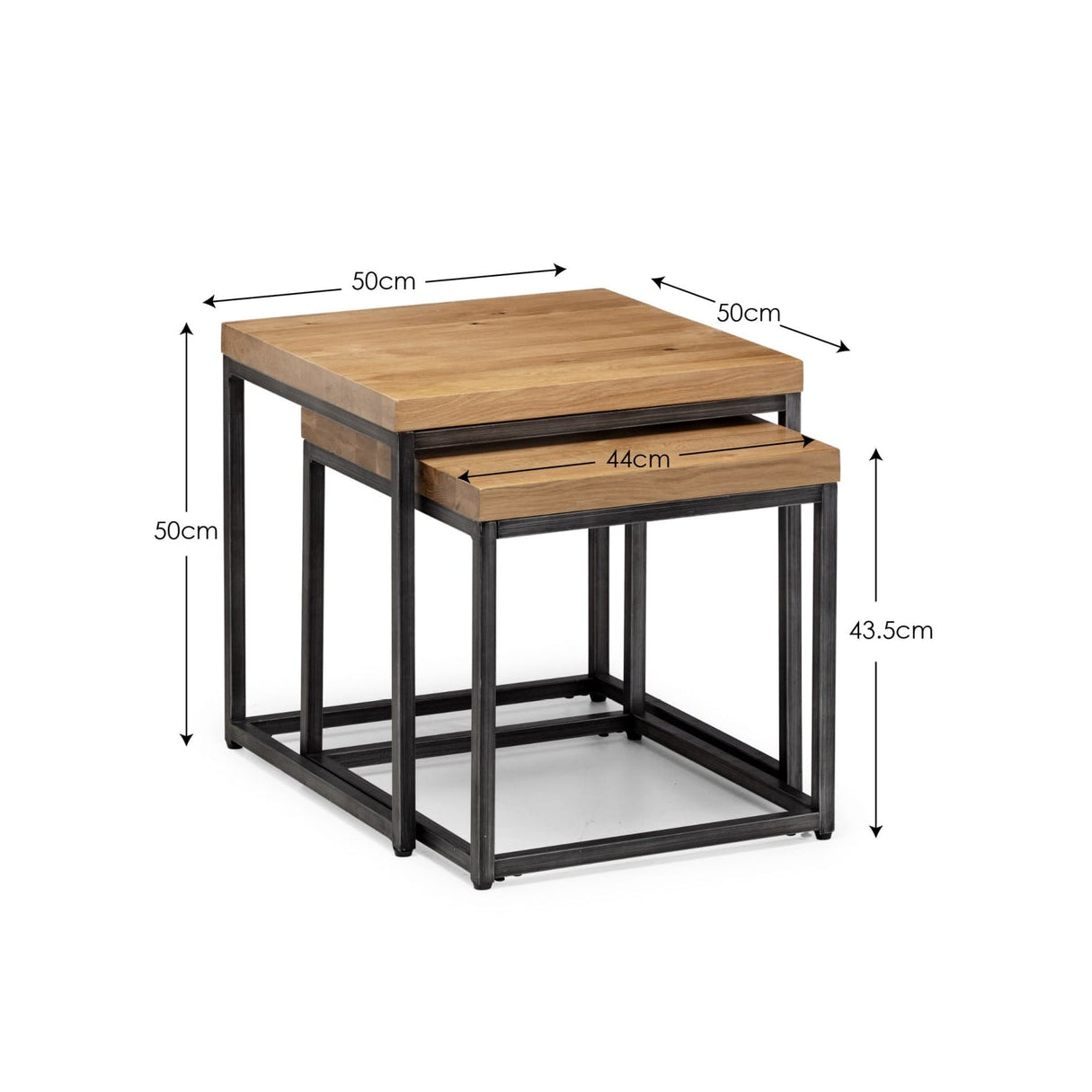 Technical dimension diagram displaying height, width, and depth measurements for the Brooklyn oak nesting lamp tables
