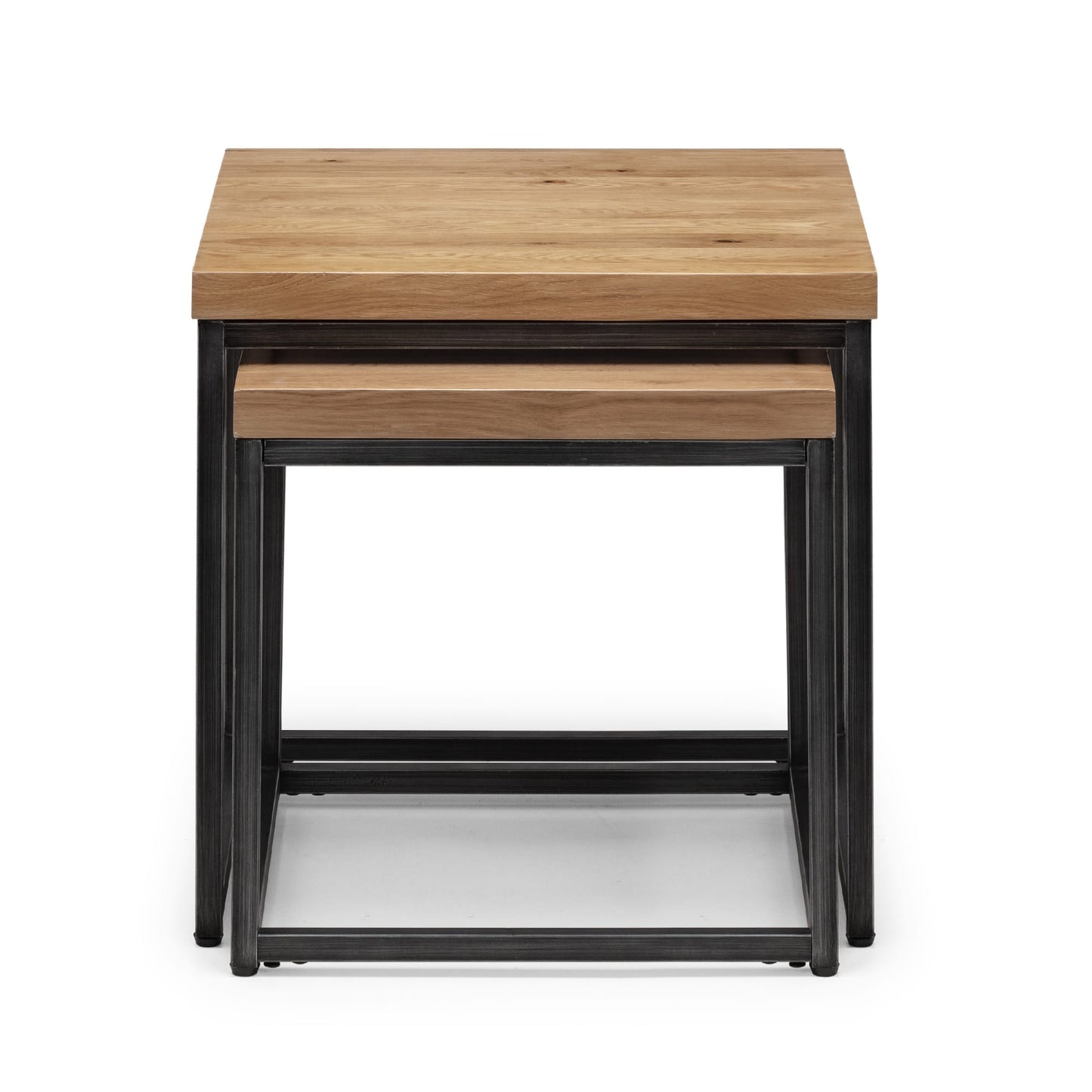 Front view of the Brooklyn oak nesting lamp tables showcasing the compact stacked design