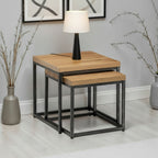 Brooklyn oak nesting lamp tables styled in a modern living room featuring an illuminated table lamp