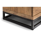 Close-up detail of the black metal industrial base frame on the Brooklyn oak TV unit