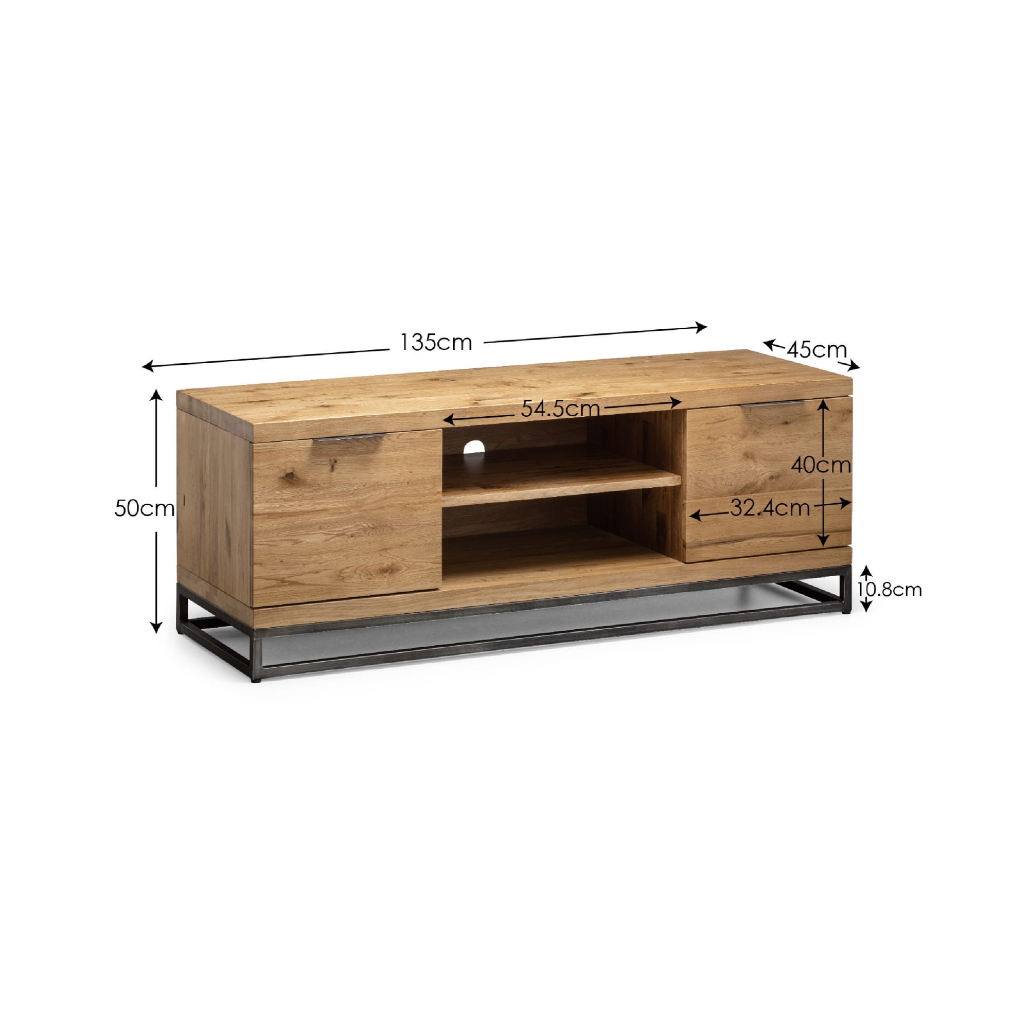 Technical dimension diagram showing width, depth, and height measurements for the Brooklyn oak TV unit