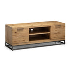Front view of the Brooklyn oak TV unit with open shelving and side cupboards on a white background