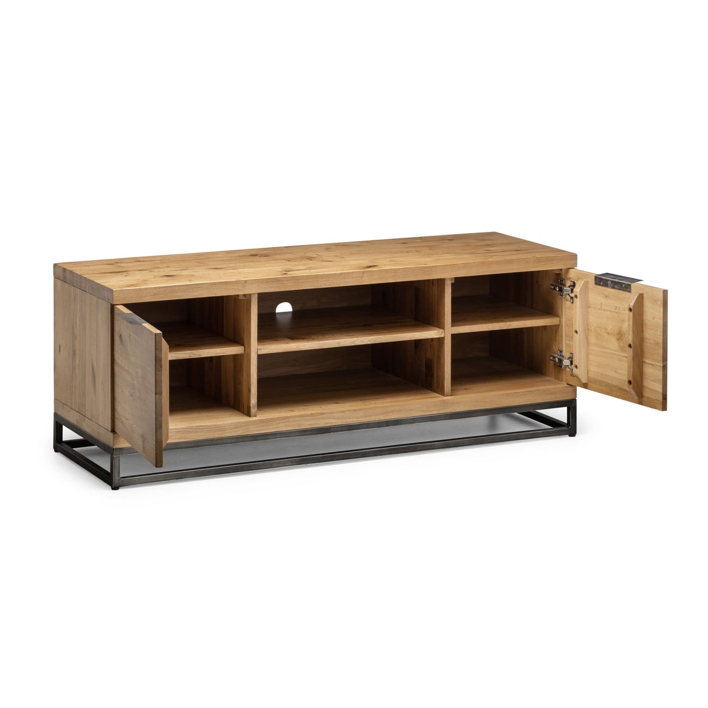 Studio shot of the Brooklyn oak TV unit with side doors open revealing internal storage compartments