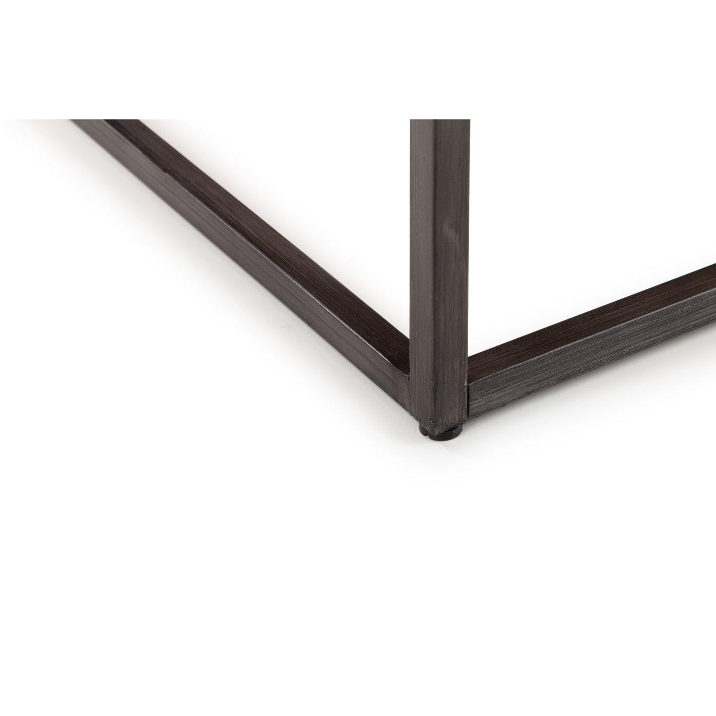 Close-up detail of the black powder-coated steel square metal base frame corner.