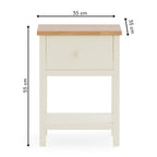 Dimension overview diagram showing the height, width, and depth measurements of the Coxmoor 1 drawer bedside table.