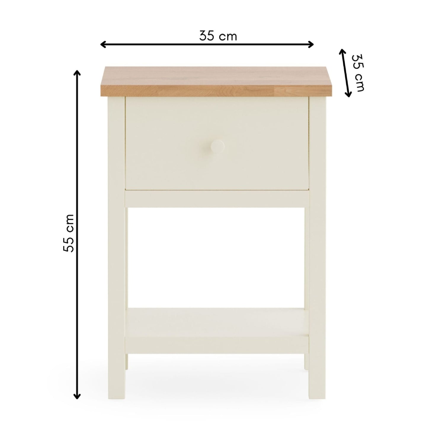 Dimension overview diagram showing the height, width, and depth measurements of the Coxmoor 1 drawer bedside table.